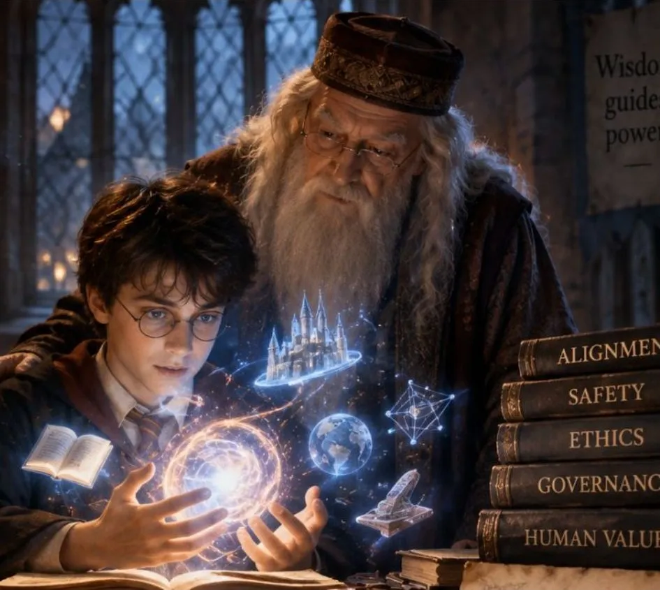 AI-generated illustration: an old wizard watches over a young wizard holding a glowing sphere, beside books titled Alignment, Safety, Ethics, Governance and Human Values.