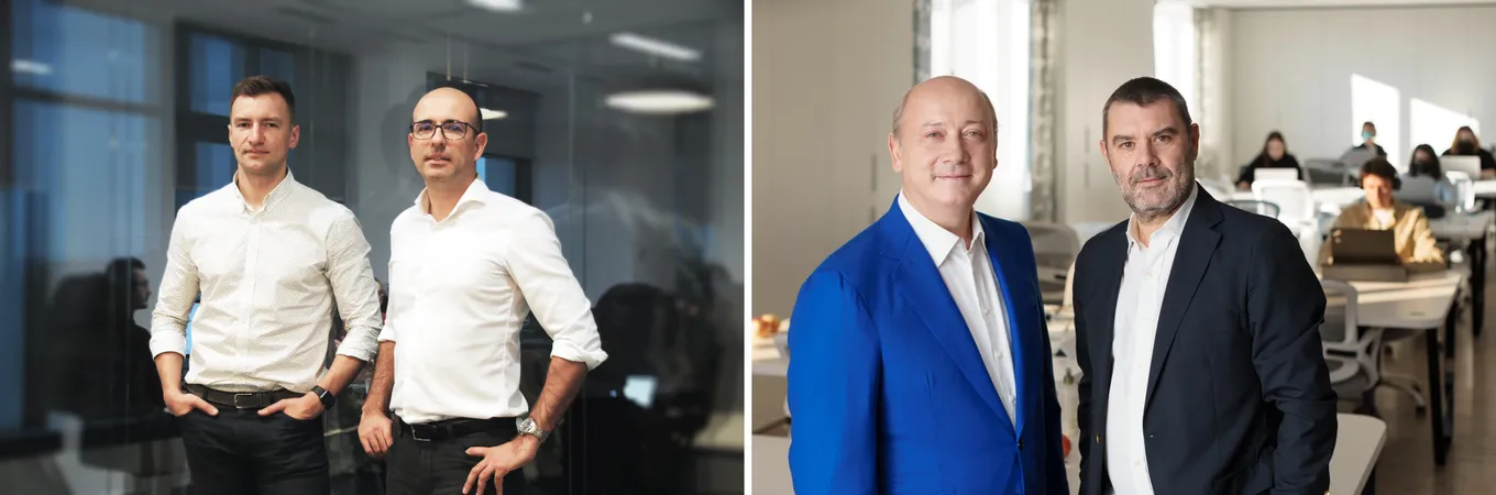Două fotografii alăturate: co-fondatorii Tremend, Marius Hanganu și Ioan Cocan, într-un birou, și Ștefan Iordache și Teddy Dumitrescu într-un birou open-space.