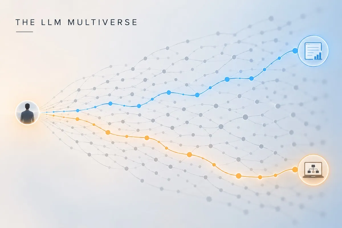 Ilustrație generată cu AI, intitulată The LLM Multiverse: dintr-o persoană pornește o rețea deasă de drumuri, iar un drum albastru și unul portocaliu duc la două rezultate diferite.